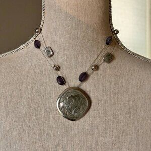 Vintage Unique Statement Necklace in Grey Silver Tones